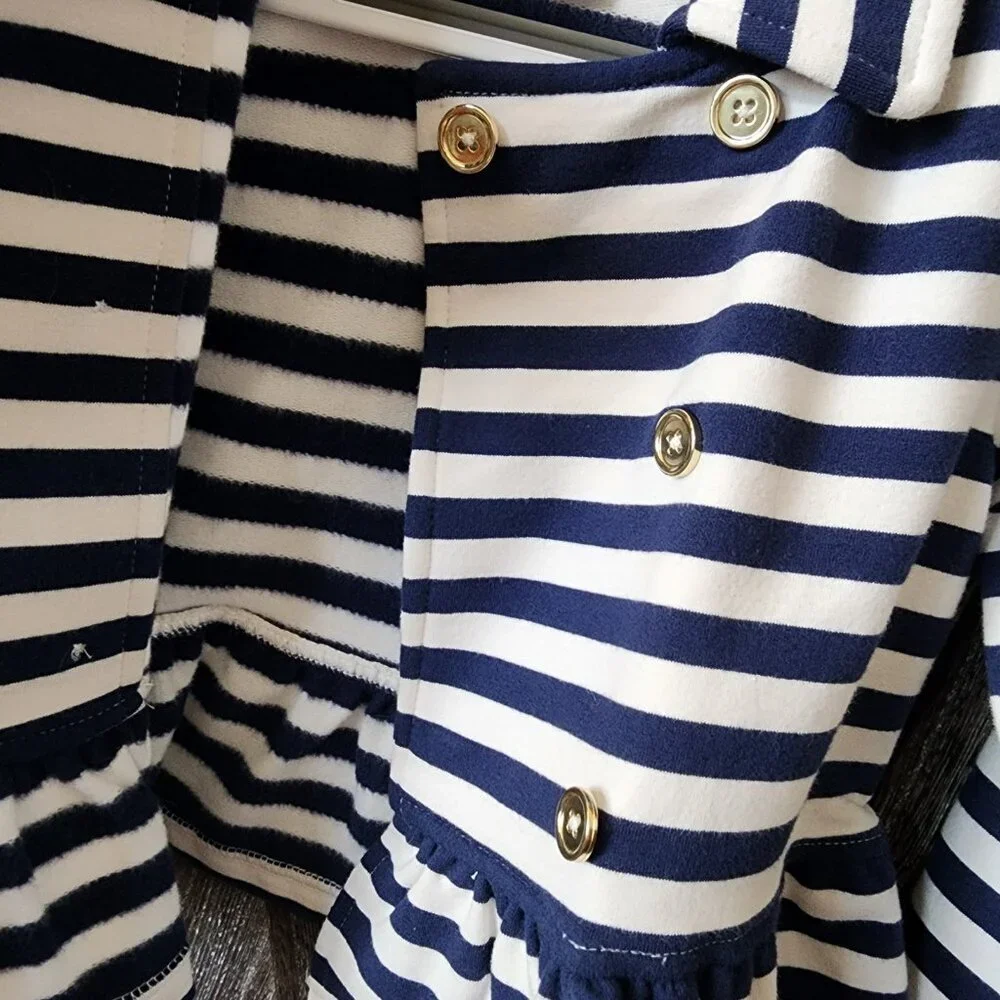 Gymboree Navy and White Knit Stretch Ruffle Peplum Jacket Gold Buttons Size XS 4